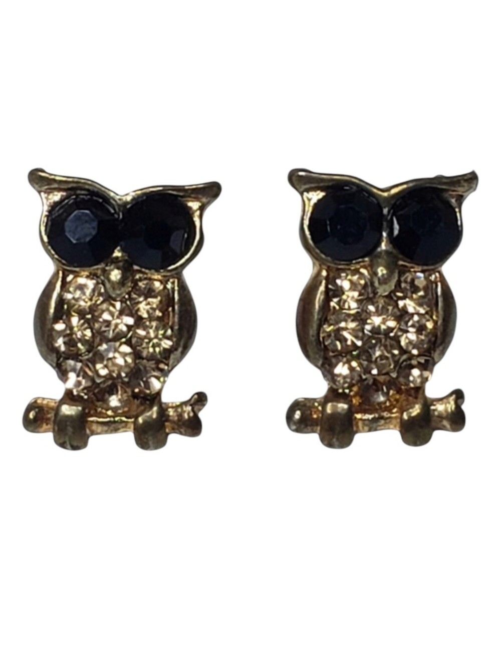 Vintage Gold Rhinestone Owl Stud Earrings Black Eye Whimsigoth Boho Shabby Chic
